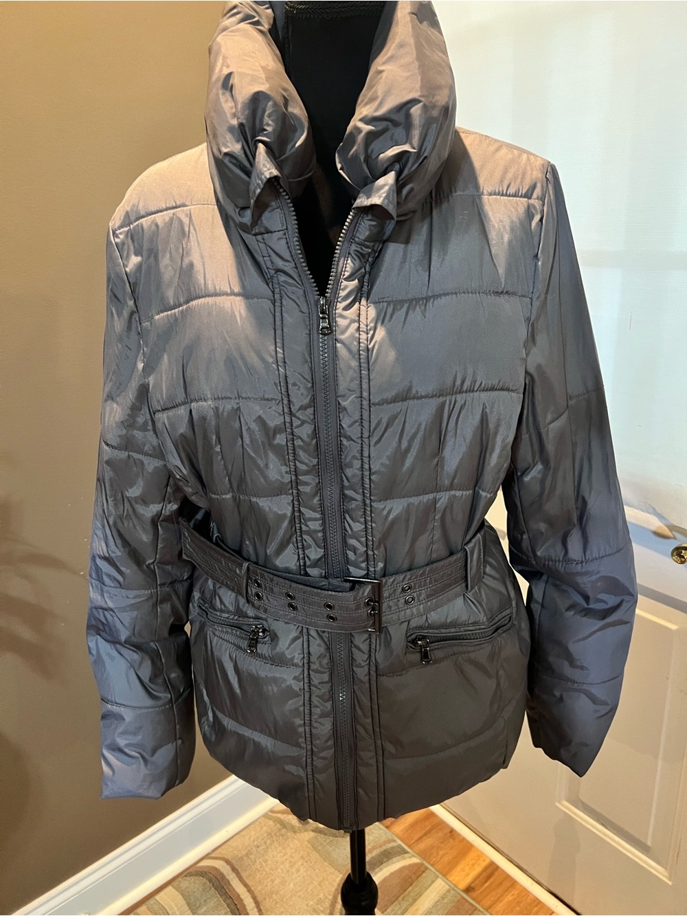 New York & Company Gray Quilted Belted Puffer Jacket